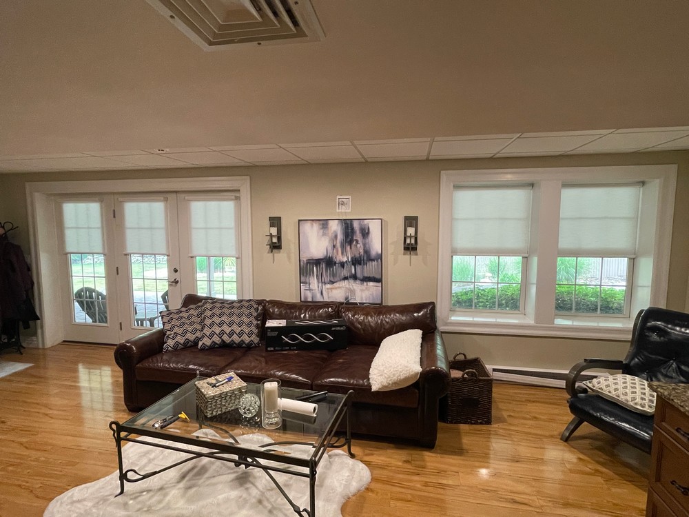 Expert Hunter Douglas Designer Roller Shades for a Lower-Level, Walkout Family Room on Watchtower Rd in Boonton, NJ