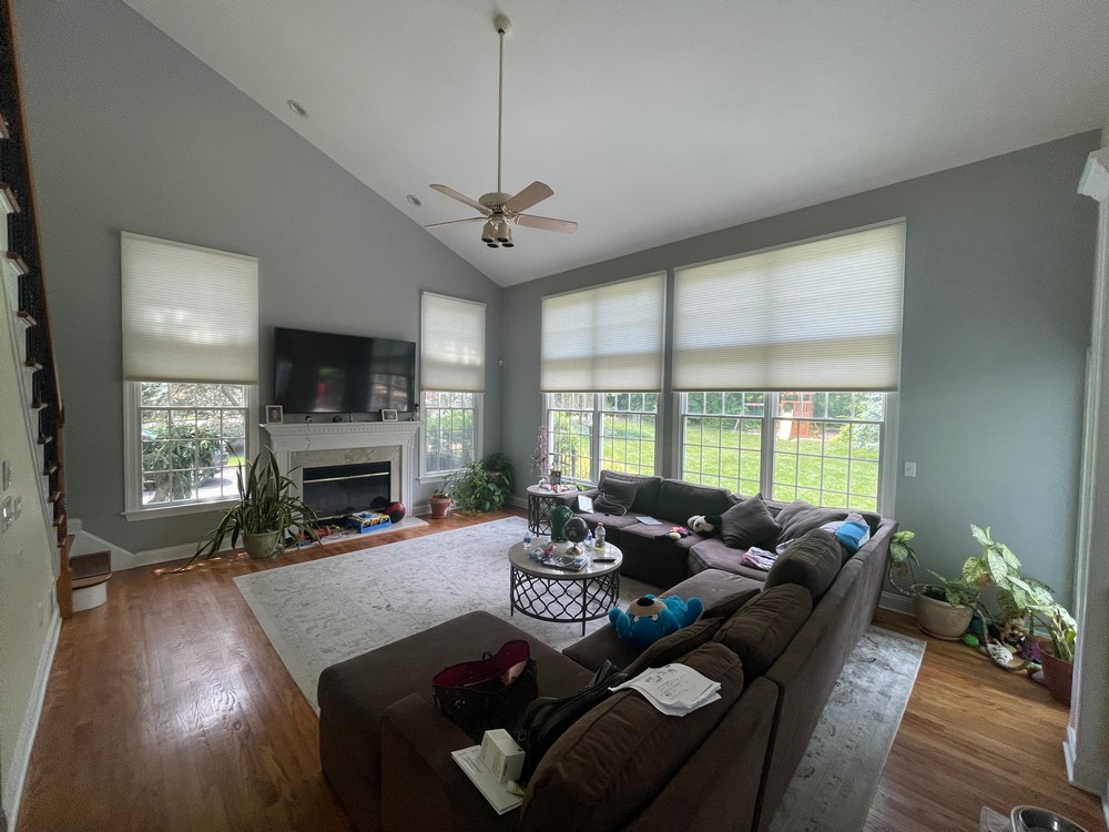 Installed First-Rate Motorized Honeycomb Shades To Reduce Heat In This Contemporary Family Room on Forest Ave in Glen Ridge, NJ