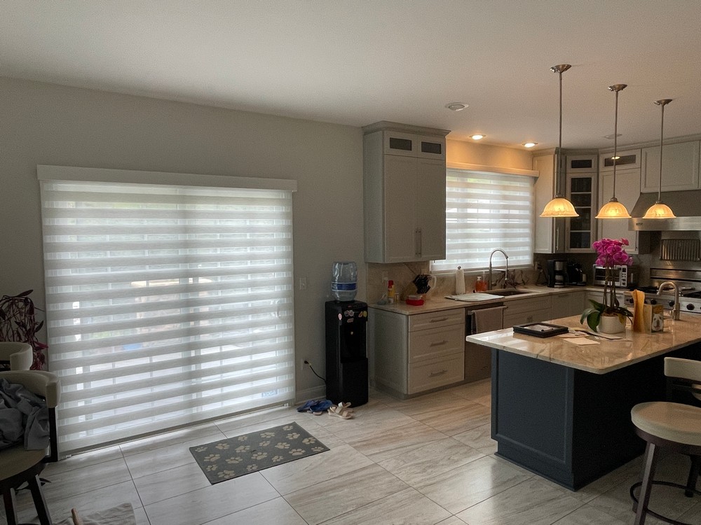 State-of-the-art Motorized Banded/Zebra Shades for Sliding Door in Kitchen on N Fullerton Ave in Montclair, NJ